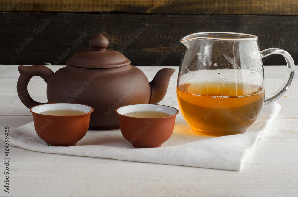 tea set on wooden background tea set on wooden background