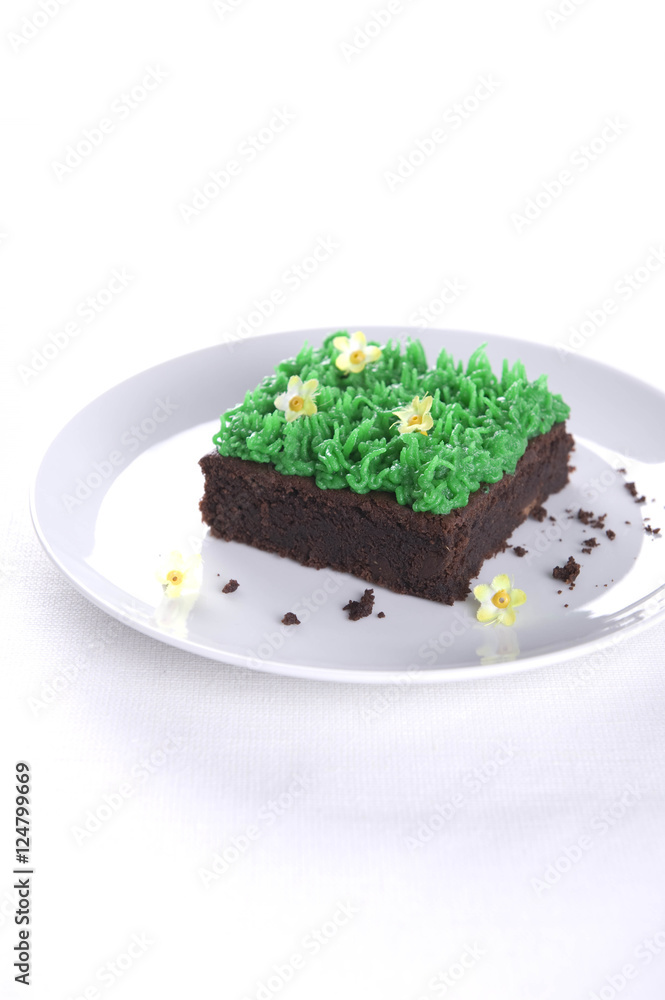 chocolate brownie with walnuts and decoration spring on a white plate - Easter chocolate brownie with walnuts and decoration spring on a white plate - Easter