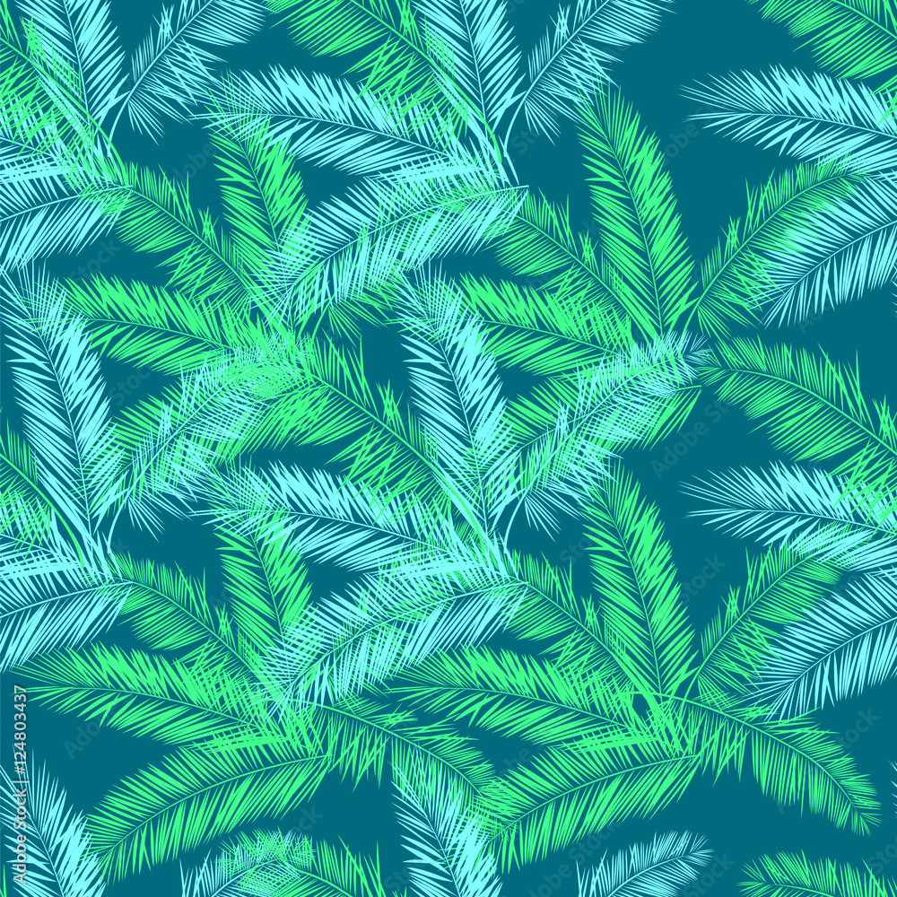 Teal, blue and green palm vector seamless pattern. Hawaiian shirt pattern.