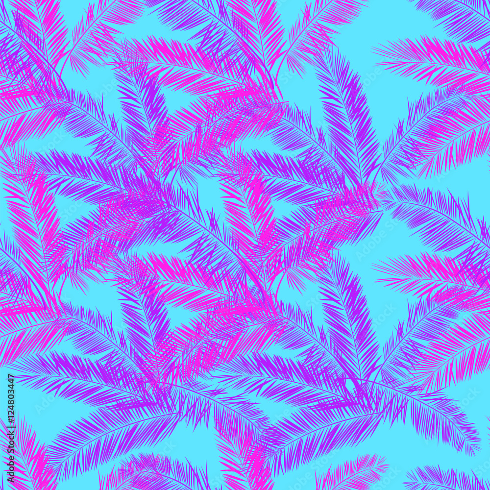 Pink, blue and purple palm vector seamless pattern. Hawaiian palm pattern.