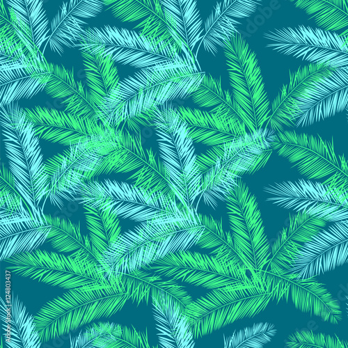 Teal, blue and green palm vector seamless pattern. Hawaiian shirt pattern. © Atelier