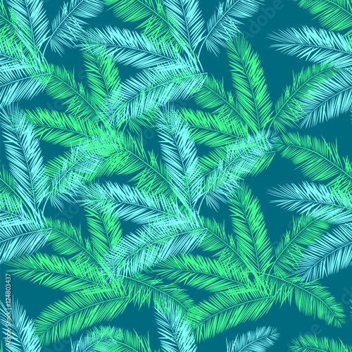 Teal  blue and green palm vector seamless pattern. Hawaiian shirt pattern.