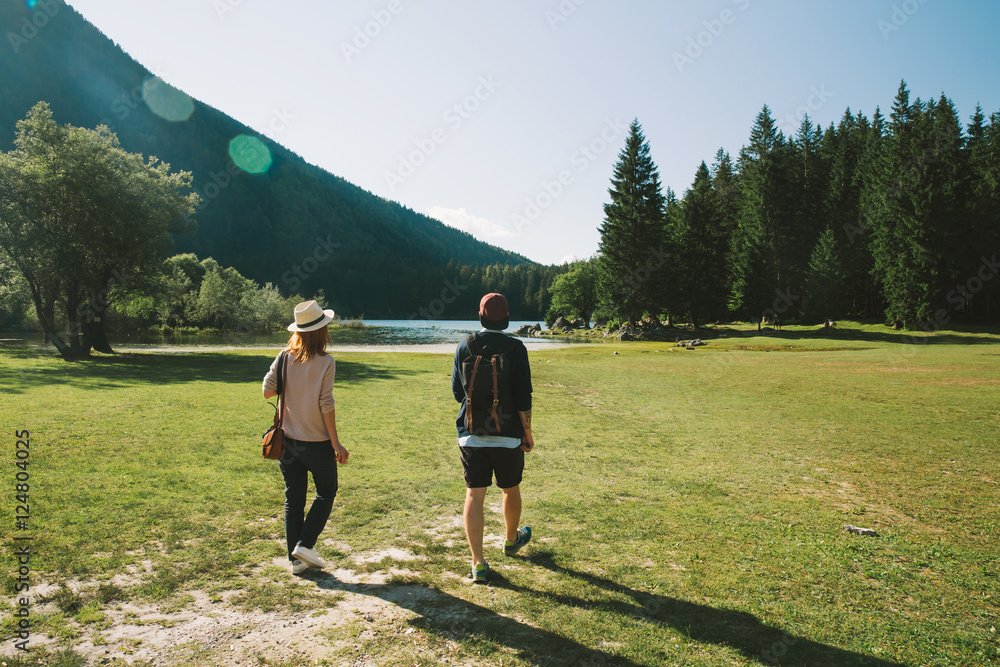 Couple of hipsters travelers on the nature. Couple of hipsters travelers on the nature.