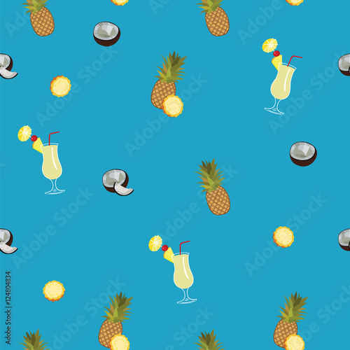 Pina Colada blue vector seamless  pattern. Pineapple, coconut and Pina Colada