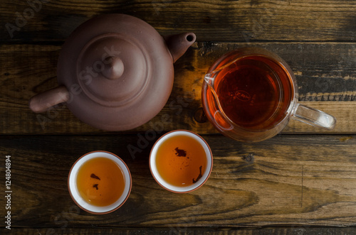 tea set on wooden background