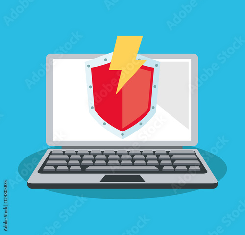 Laptop and shield icon. Security system cyber warning and protection theme. Colorful design. Vector illustration