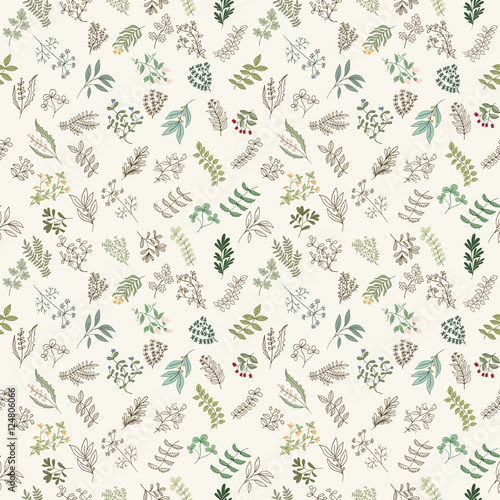 Seamless pattern of flowers, herbs and leaves