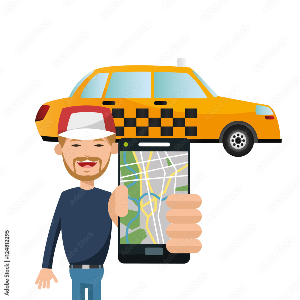 Taxi vehicle and man with smartphone icon. transportation travel and trip theme. Colorful design. Vector illustration Taxi vehicle and man with smartphone icon. transportation travel and trip theme. Colorful design. Vector illustration