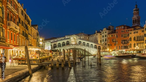italy night illumination famous rialto bridge grand canal restaurant panorama 4k time lapse venice
