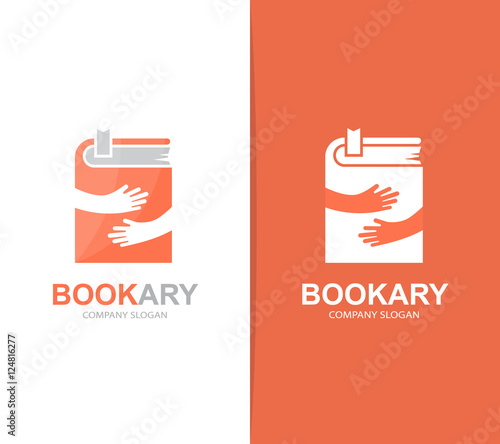 Vector book and hands logo combination. Novel and embrace symbol or icon. Unique bookstore and library logotype design template.