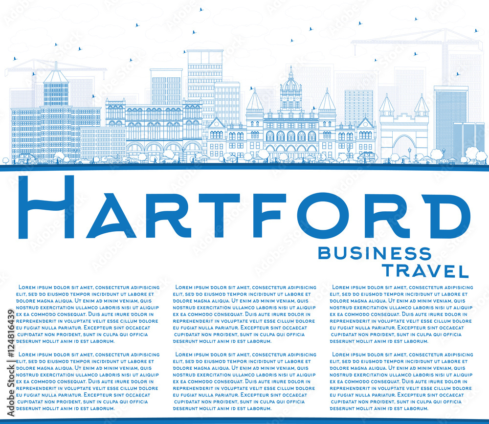 Outline Hartford Skyline with Blue Buildings and Copy Space