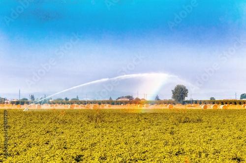 irrigation of cultivated fields near bales of hay