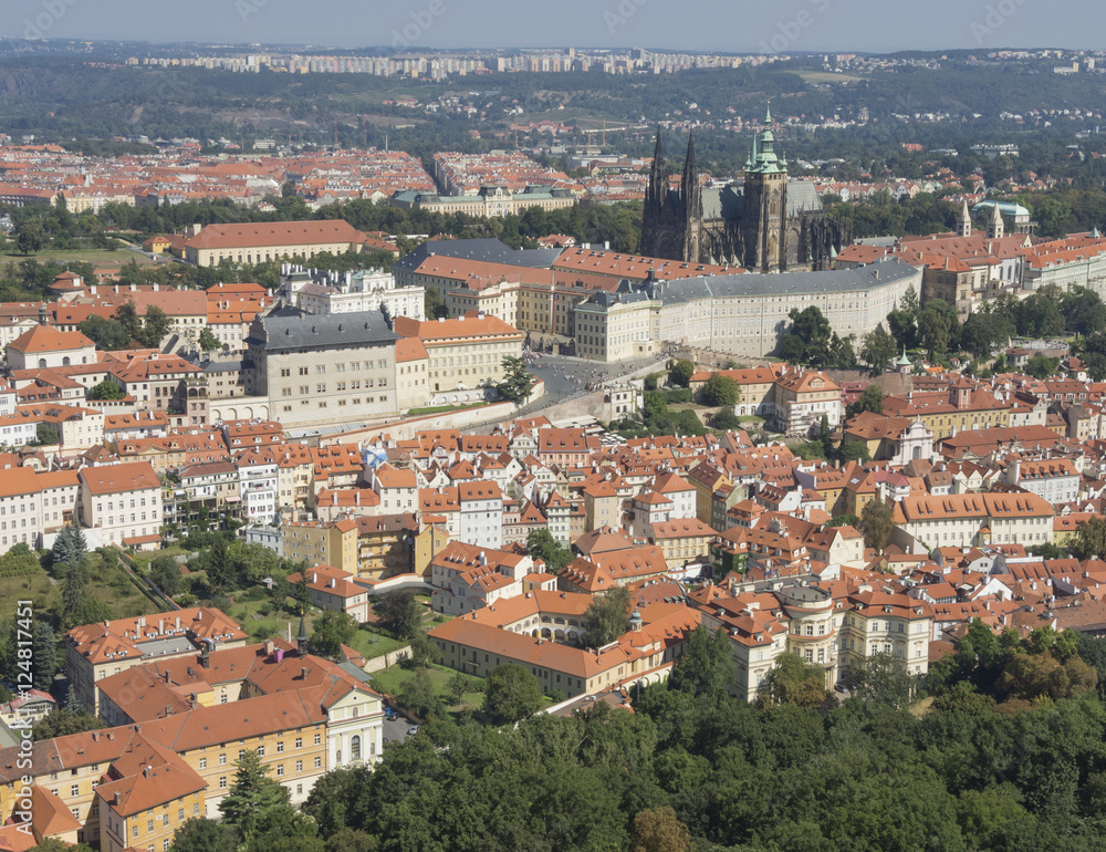 Prague is the capital of the Czech Republic. Political and cultural center of Bohemia. Historic center included in the Unesco World Heritage. Landscape from Petrin Tower to the castle.
