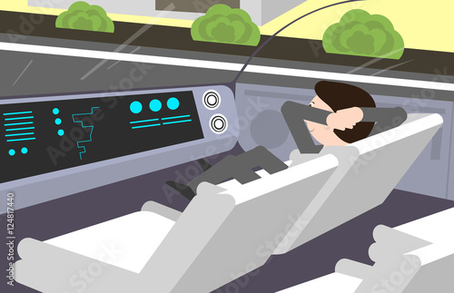 Man traveling in electric, self-driving car. Inside view.