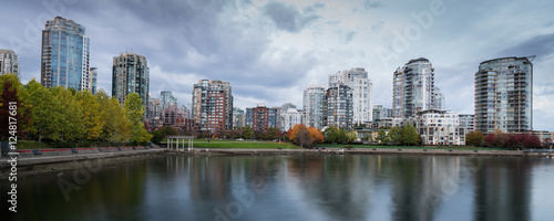 city building reflection with Fall season background