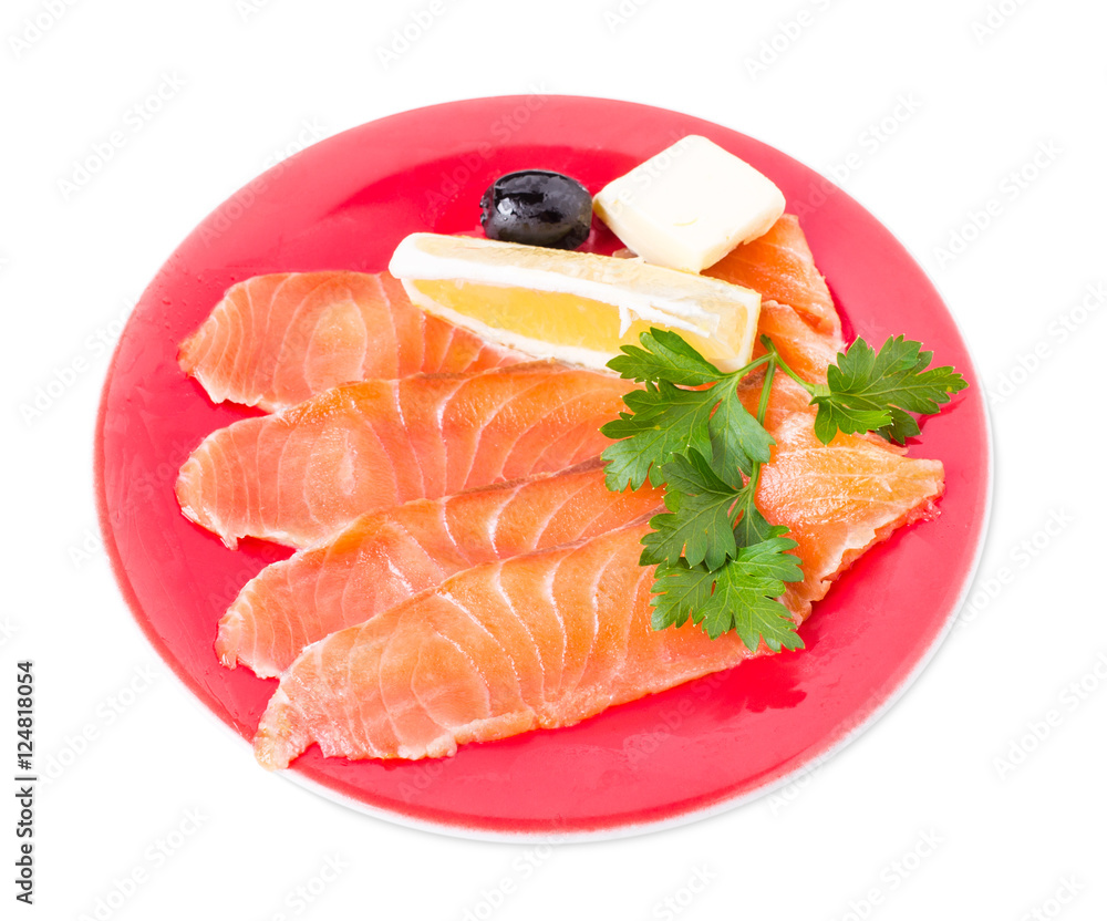 Sliced salmon with lemon and butter. Sliced salmon with lemon and butter.