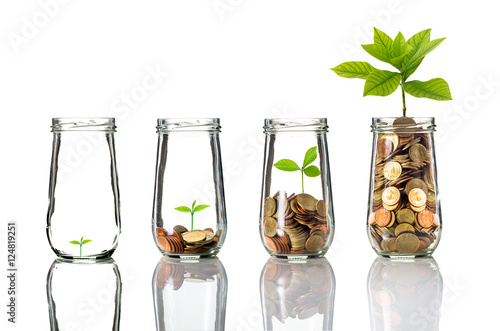 Gold coins and seed in clear bottle on white background,Business