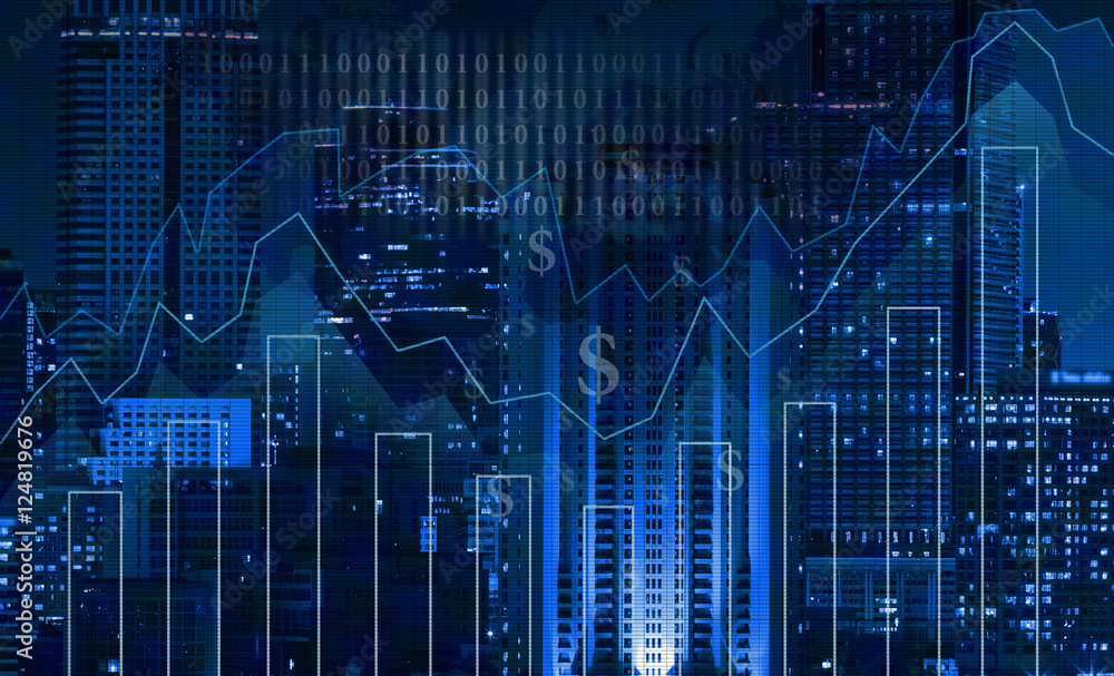 Trading graph on the cityscape at night and world map background