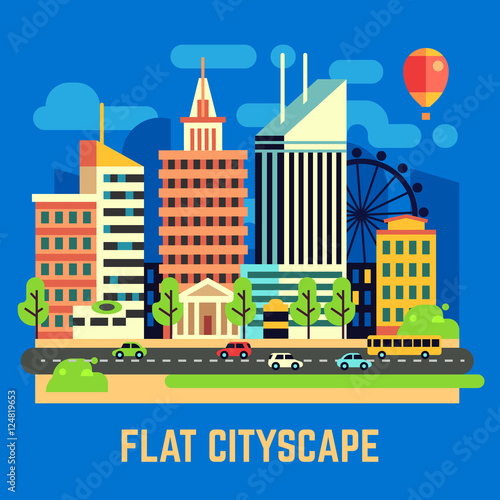 Fototapeta Naklejka Na Ścianę i Meble -  Flat city, urban landscape vector illustration