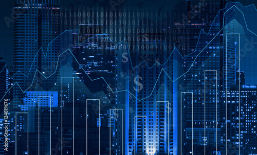 Obraz na płótnie Trading graph on the cityscape at night and world map background w salonie