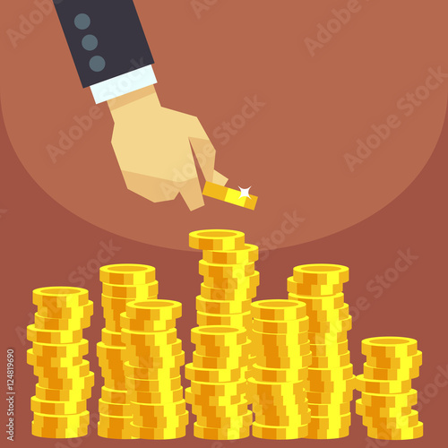 Hand put gold coins to stack vector business finance concept