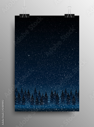Poster. Falling Snow. Forest. Christmas Trees.