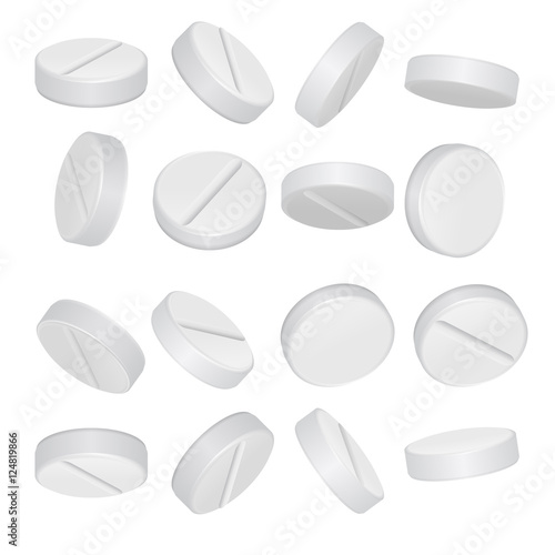 Tablets, pills, drugs in different positions isolated on white vector set