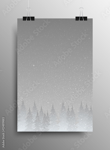 Poster. Falling Snow. Forest. Christmas Trees.