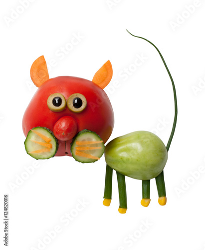 Cat made of red and green tomato on white background