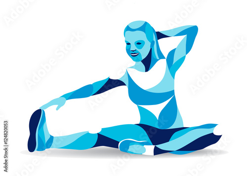 Trendy stylized illustration movement, fitness woman stretching leg, line vector silhouette