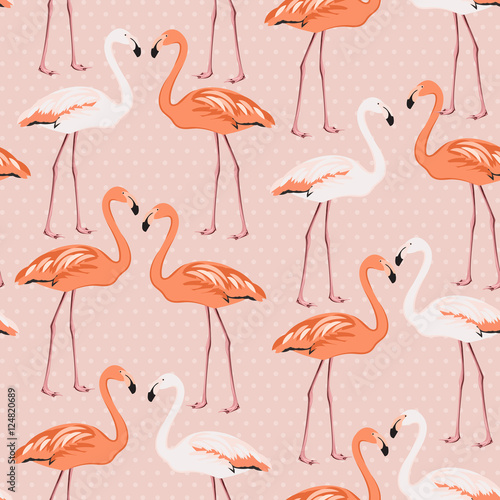 Flamingo birds couple pattern on pink polka dot