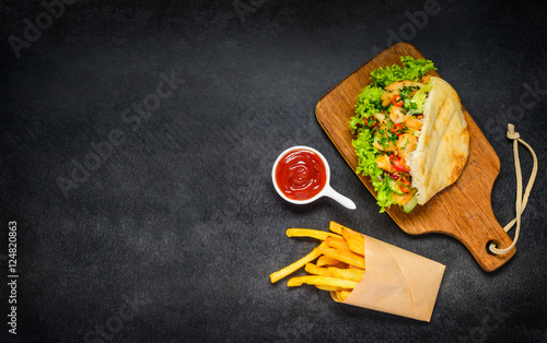 Doner Kebab with French Fries and Copy Space