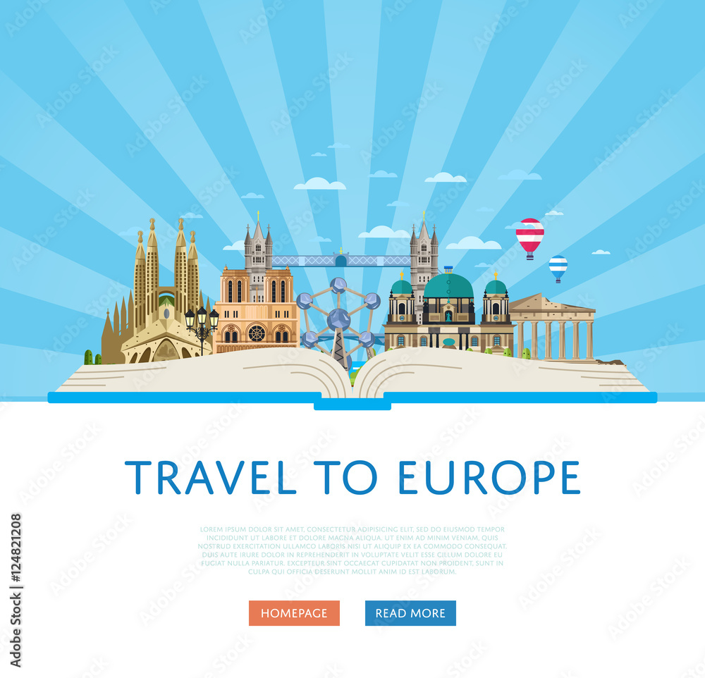 Travel to Europe poster with famous modern and ancient architectural attractions on big open book isolated vector illustration. Time to travel concept. Worldwide traveling website template.