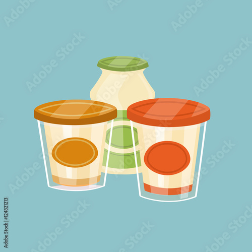 Assortment of dairy products isolated on blue background, vector illustration. Nutritious and healthy milk products. Natural and healthy food. Organic farmers products. Dairy icon.