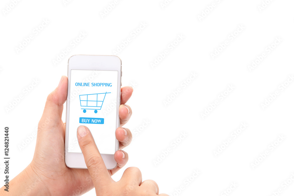 Women hand holding modern mobile phone with online shopping on a Women hand holding modern mobile phone with online shopping on a