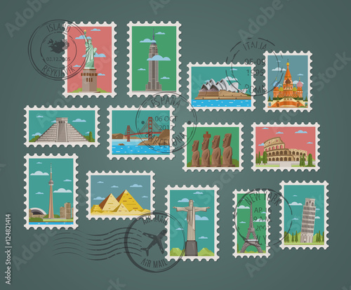 Postage stamps and postmarks with famous architectural compositions vector illustration. Worldwide architecture attractions set, traditional and modern buildings. Stamp travel collection