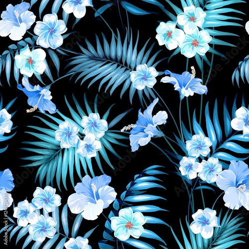 Tropical plumeria and jungle palms. Beautiful fabric pattern with a tropical flowers isolated over blue background. Seamless texture. Vector illustration.