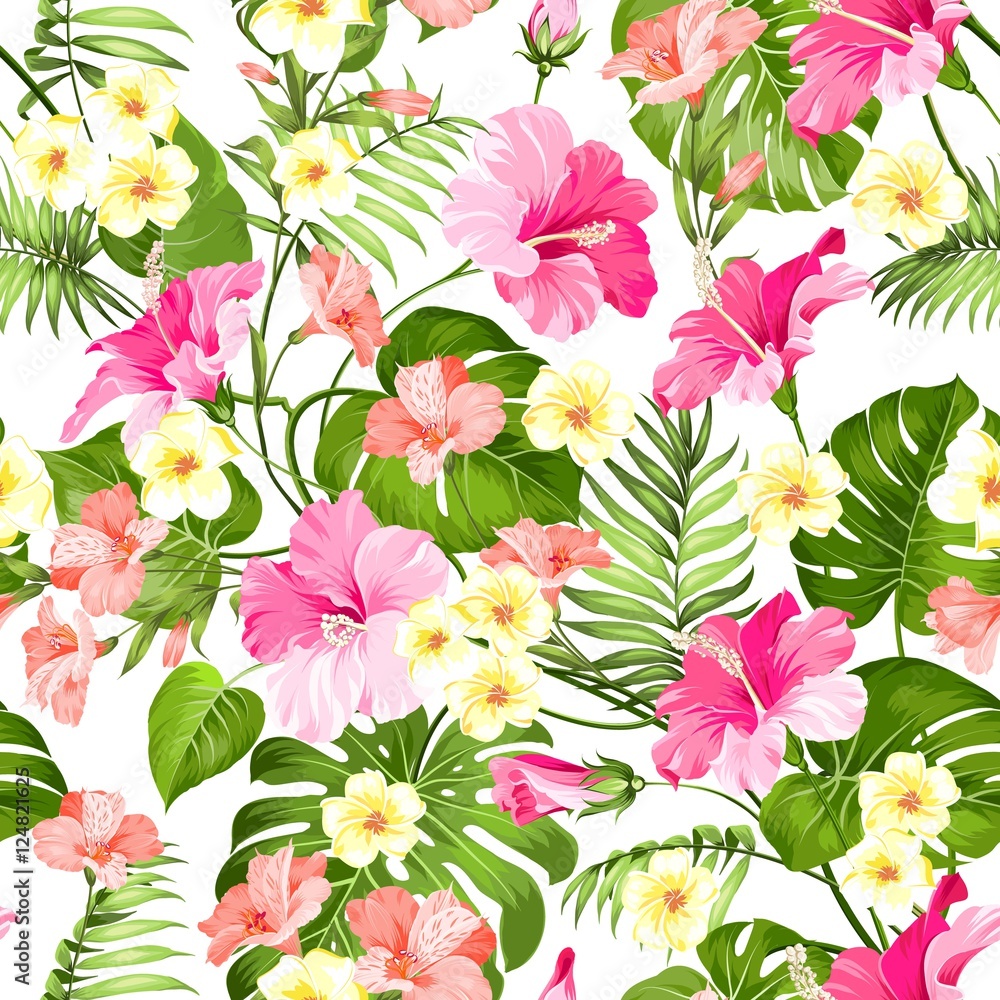 Seamless tropical flower. Tropical flowers and jungle palms. Beautiful fabric pattern with a tropical flowers isolated over white background. Blossom plumeria for seamless pattern background.