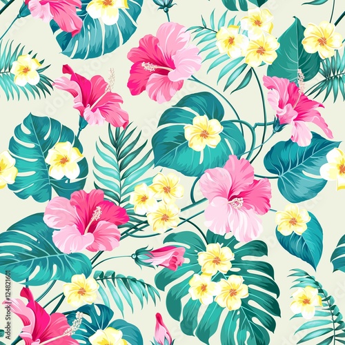 Plumeria flowers and jungle palms. Beautiful fabric pattern with a tropical flowers isolated over gray background. Seamless texture. Vector illustration.