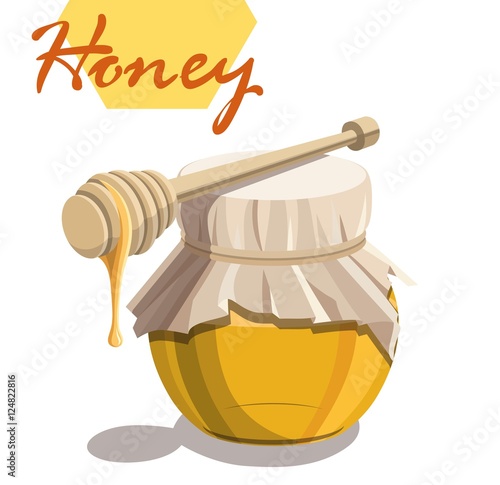 Honey jar and wooden dipper stick