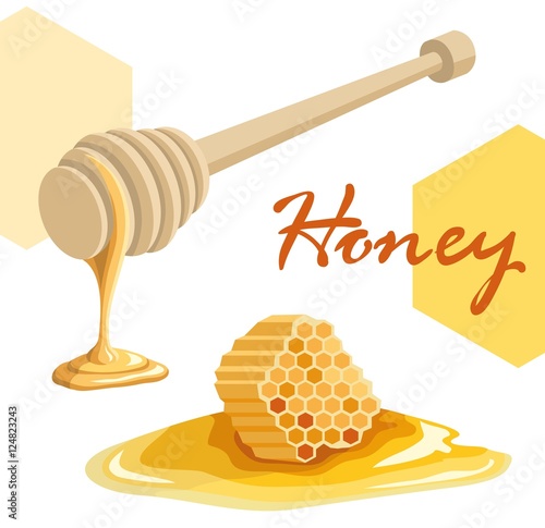 Dipper stick with dripping honey and honeycomb