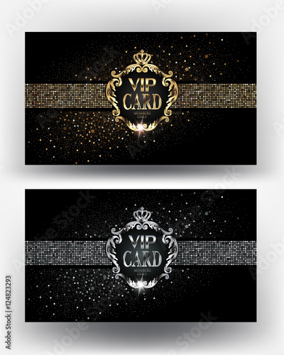 VIP gold and silver cards with sparkling abstract background