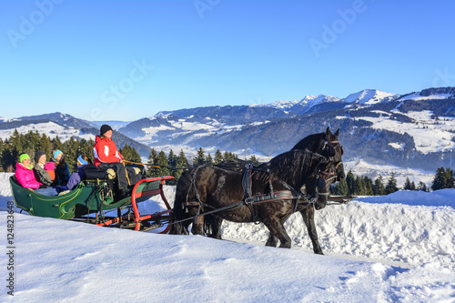 mit einem Pferdeschlitten im Schnee unterwegs