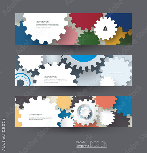 Vector abstract gear wheel, banners set. High tech technology and engineering background, machine technology futuristic concept. Vector abstract technology for web banner template or brochure