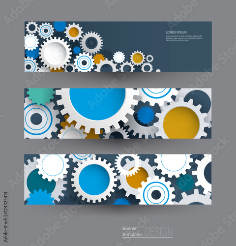 Vector abstract gear wheel, banners set. High tech technology and engineering background, machine technology futuristic concept. Vector abstract technology for web banner template or brochure