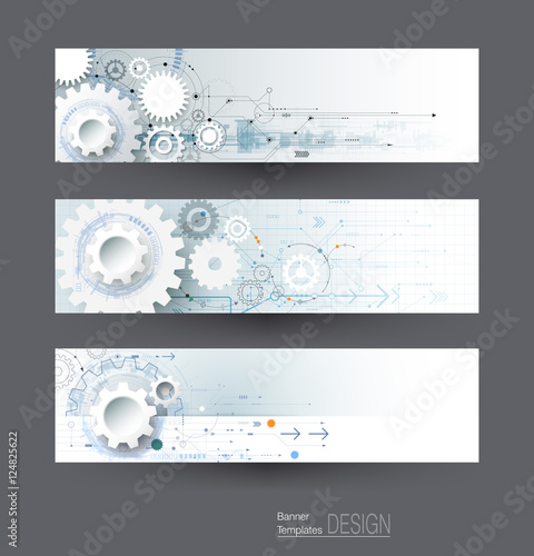 Vector abstract gear wheel and circuit board, banners set. High tech technology and engineering background, machine technology futuristic concept. Vector technology for web banner template or brochure