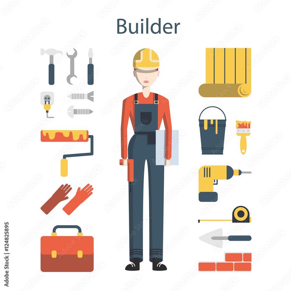 Isolated female builder on white background. Young engineer with all the tools like drill, hammer, screwdriver, gloves, paint and more.