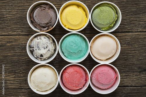 Top view Ice cream flavors in cup on blackground