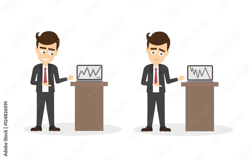 Businessman with chart board set. Businessman with successful and bad business. Isolated cartoon character with chart board and statistics. Businessman with chart board set. Businessman with successful and bad business. Isolated cartoon character with chart board and statistics.