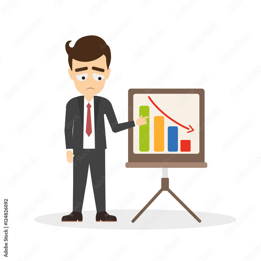 Businessman with successful business. Isolated cartoon character with chart board and statistics. Progress data. Making profit.